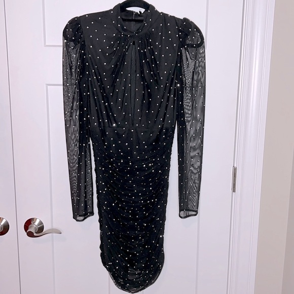 NWT 2025 Sample Mac Duggal 2141 - Long Sleeve High Neck Ruched Knee Length Dress